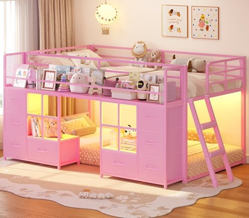 BTHFST Low Bunk Bed Twin Over Twin with 8 Fabric Drawers & Bookshelf, Pink