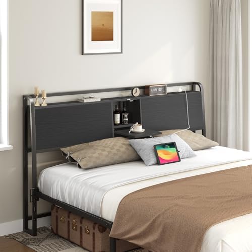 MAHANCRIS Headboard Queen Size with 2 Power Strips and Flip Door Storage