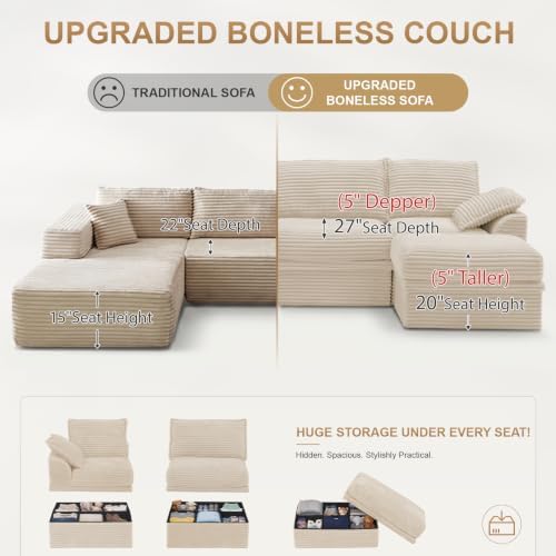 142" Upgraded Boneless Couch with Storage, Modular Sectional Couches for Living Room, Oversized Deep Seat 6-Seat U Shaped Cloud Sofa with Ottoman & Pillows,Corduroy,No Assembly(Beige)