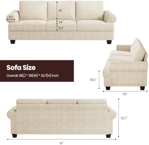 COPIAE 91 Inch Lawson Sofa with Extra Deep Seats Oversize, Water-Resistant Mid-Century 3-Seat Sofa Couch, for Living Room, Apartment, Lounge, Chenille Beige