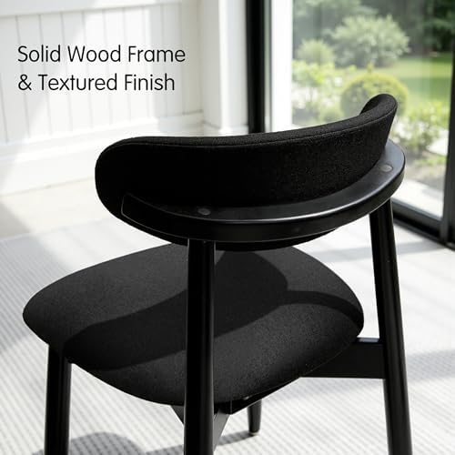 CHUN YI Dining Chairs Set of 4, Upholstered Solid Wood Dining Room Chairs, Mid Century Modern Fabric Kitchen Chairs with Ergonomic Curved Back, Black (Only Chairs)