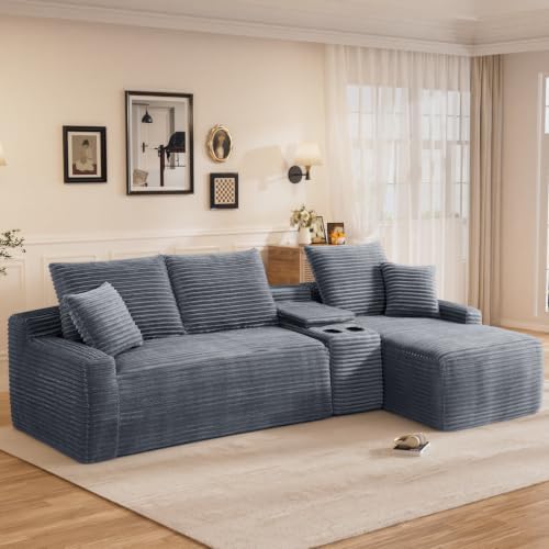95" L Shaped Cloud Couch Modular Sectional Sofa, Comfy Fluffy Corduroy Grey Boneless Sectional Couches for Living Room, Modern Cloud Sofas with Cup Holders & Right Facing Chaise, Grey