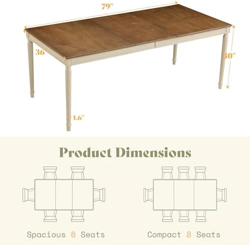 AMERLIFE 79" Rustic Farmhouse Dining Table with Solid Wood Top, Cream