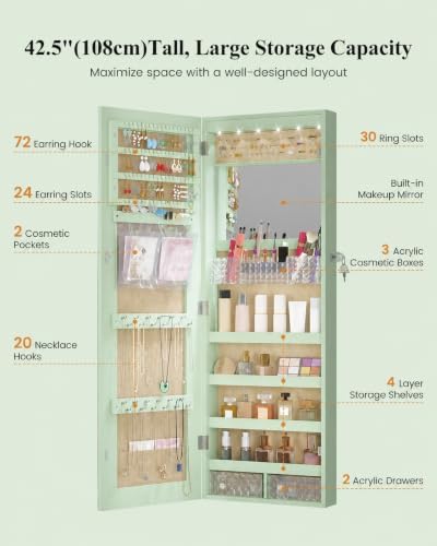 LVSOMT 42.5" Wall Mounted Jewelry Organzier with LED Mirror, Green | Lockable Jewelry Cabinet for 30 Ring Slots, 96 Earring and 20 Necklace Hooks, Gift for Women, Girls