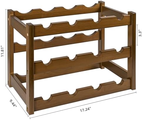 VASMIA Bamboo Wine Rack, Sturdy and Durable Wine Storage Cabinet Shelf, Wine Racks Countertop for Pantry,Kitchen,3-Tier 12 Bottles Wine Rack, Walnut