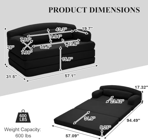 57” Convertible Sleeper Sofa Bed, Boneless Couch, Black