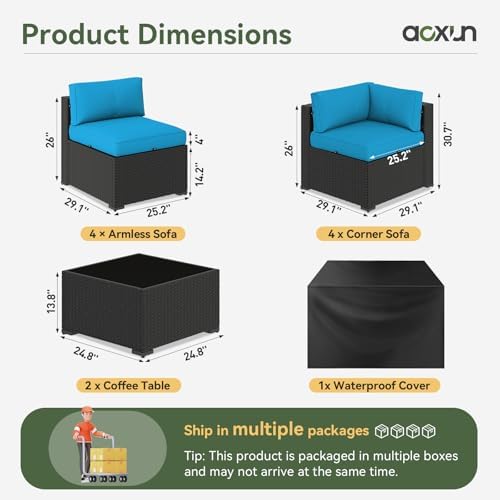 Aoxun 10 Piece Patio Furniture Set Wicker Rattan Patio Sectional Sofa Set Outdoor Seating Furniture with Thickened Cushion, Peacock Blue