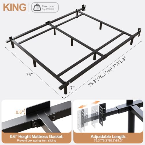 King Size 7 Inch Low Profile Metal Platform Bed Frames, Adjustable Length