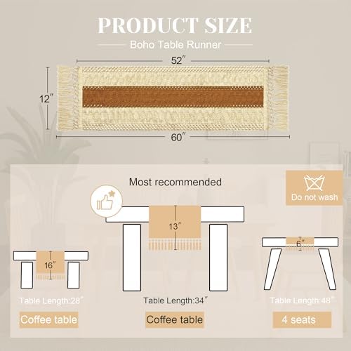 Boho Table Runner for Home Decor 12x60 Fall Coffee Table Decor Caramel