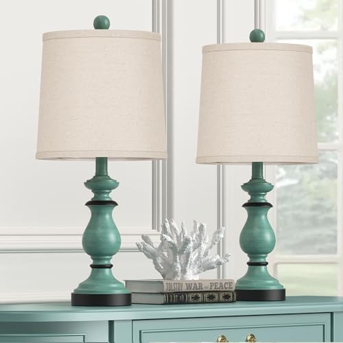 PARTPHONER Traditional Table Lamp Set of 2, Rustic Farmhouse Table Lamps for Living Room Bedroom, 22" Bedside Desk Lamps Vintage Nightstand Lamps with Linen Shades, Green