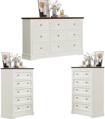 KIGOTY Farmhouse Bedroom Set, 3 Piece Bedroom Furniture Set, 9/5 Drawer Dressers,Rustic Closet Clothes Organizer, Drawer Dresser Set for Home