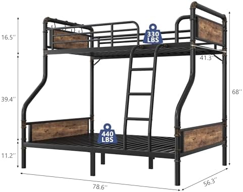 Jocoevol Metal Bunk Bed Twin Over Full, Industrial Bunkbeds Heavy Duty Bed with Safety Guard Rails and Space-Saving Design, Steel Bed for School, Bedroom (Vintage Brown)