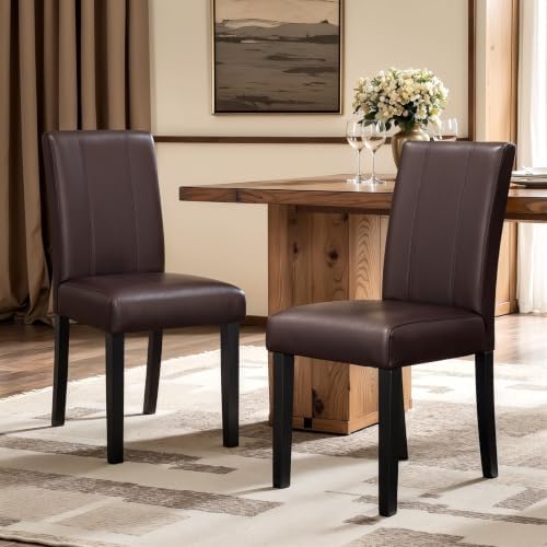 CHUN YI Dining Chairs Set of 2, Faux Leather Dining Room Chairs, Upholstered Modern Kitchen Parsons Chairs for Dining Room with Sturdy Wood Legs, Brown