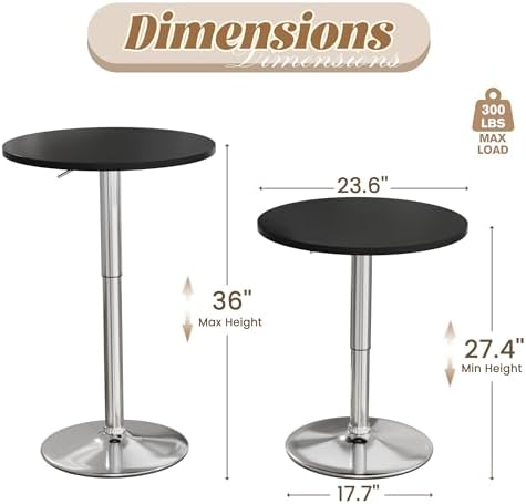 Shahoo Bar Table, Adjustable Height Pub Table 27.4-36 Inches, Cocktail Table for Bar, Bistro, Café, Home, Silver and Black