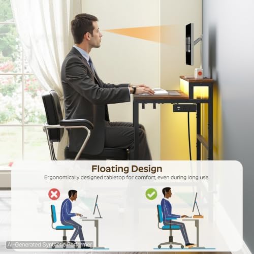 YATINEY Small Computer Desk with Charging Station and LED Lights, Gaming Desk with Monitor Stand, 2-Tier Home Office Desk with 4 Side Hooks, for Living Room, Home Office, Rustic Brown DN01UDBRY2