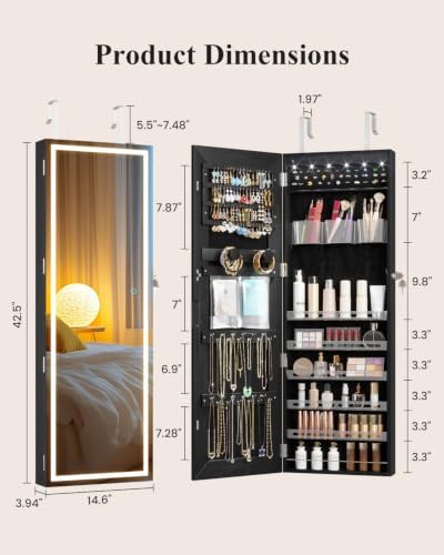 LVSOMT Wall Mounted Jewelry Organizer with Full Length Mirror, 42.5" Black | Over the Door Mirror with Storage, Lockable Jewelry Cabinet for Earring Ring Necklace, Large Capacity, Gift for Women