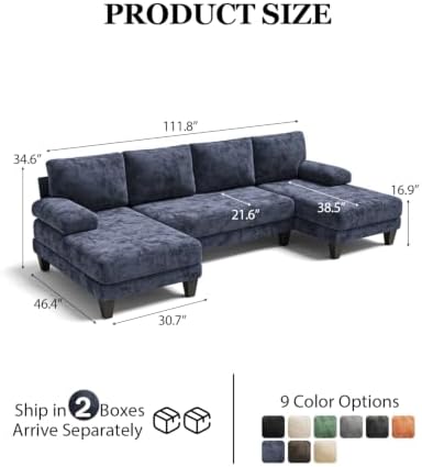 U-Shaped Sectional Couches for Living Room | 112 Inch Modern Sectional Couch | Chenille Sofa with Double Chaise for Apartment Dark Blue