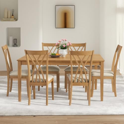 Zevemomo 7-Piece Wood Dining Table Set with 6 Chairs, Natural Wood Color