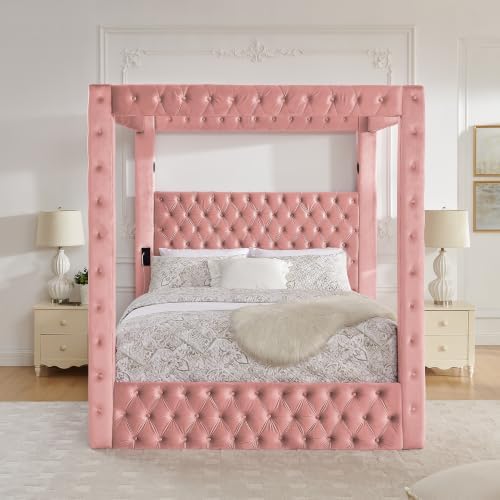 LUMISOL Canopy Bed Frame Queen Size, Velvet Upholstered Platform Bed with Button Tufted Headboard, Four Posters, Built-in Speaker and Charging Station, Heavy Duty Mattress Foundation, Pink
