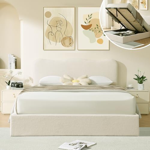 VELOCAVA Full Size Lift-Up Storage Bed, Modern Upholstered Boucle Bed with Curved Headboard, Gas Lift Platform, Sturdy Wooden Slat Support, No Box Spring Needed, Easy Assembly, Cream White
