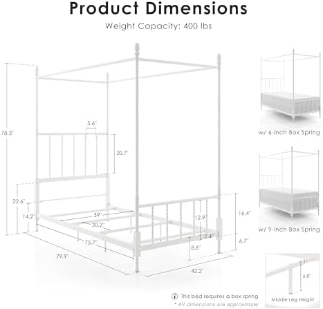 Furniture of America Vaeli Modern Metal Twin Size Four Poster Bed Frame with Spindles, Canopy Bedframe for Bedroom, Guest Room, Box Spring Required, White