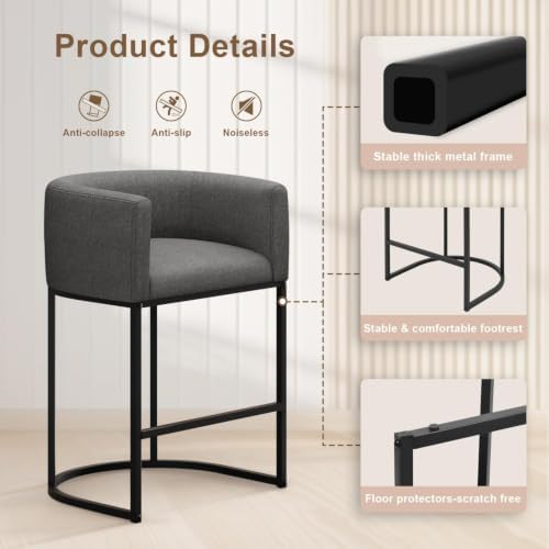 26" H Counter Height Bar Stools Set of 2, Modern Barrel Counter Stools with Backrest and Arms, Linen Fabric Upholstered Accent Barstools for Kitchen Island,Support 450 LBS (Carbon Black)