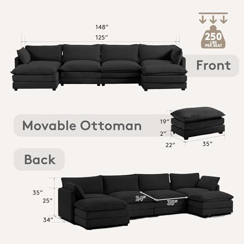 ROWHY 148'' Modular Sectional Cloud Couch with 2 Movable Ottomans, Oversized 6 Seat Modern Corduroy Sofas, Deep Seat U Shaped Couch for Living Room Bedroom Apartment,Black