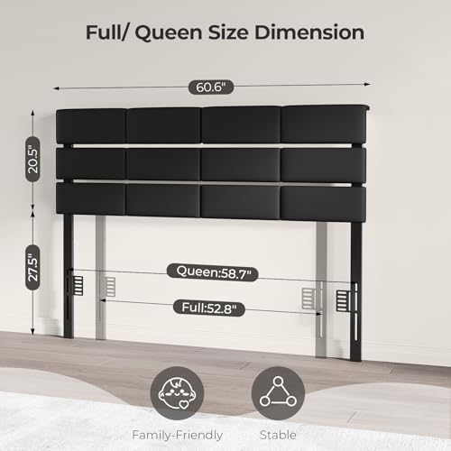 Full/Queen Size Upholstered Velvet Headboard, Adjustable Head Boards with LED Light & Charging Station, Bed Headboard Only, Attach Frame, Study & Comfortable, Ideal for Bedroom, Dorm, Black