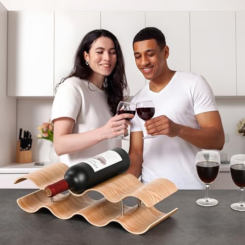 Countertop Wine Rack - 7 Bottle Freestanding Wine Bottle Holder Stand - 2 Tier Wooden Wine Storage Rack - Wavy Wine Organizer for Cabinet Pantry Home Kitchen Bar