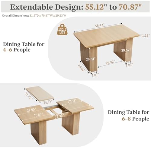55 in–71 in Extendable Rectangular Dining Table for 4–6, Modern Farmhouse Expandable Kitchen Table with Carved Line Base, Wooden Dinner Table for Kitchen Living Room Home Office (Natural)