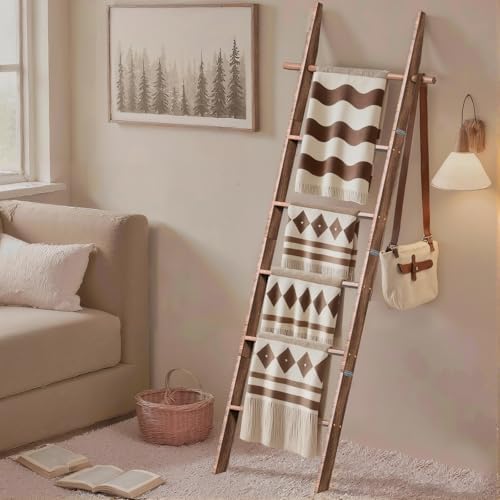 Farmhouse Wooden Blanket Ladder with Removable Hooks Brown 6-Tier