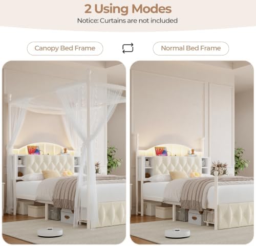 Twin Size Upholstered LED Canopy Bed Frame with 2 Drawers and & Charging Station, Button Tufted Storage Headboard, Metal Platform Bed with 4 Removable Posts, No Box Spring Needed, White