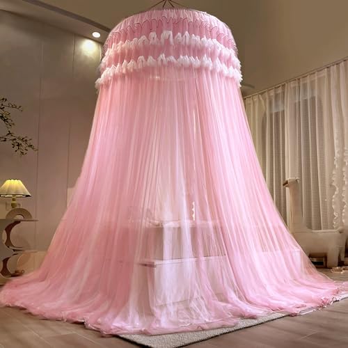 Kertnic Dreamy Bed Canopy for Girls, Princess Canopy Curtains Double Layer Sheer Mesh, Adults Canopies Netting Room Decor Tent Mosquito Net for Queen King Bed (Double Layer-Peach Pink)