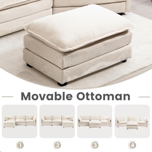 ROWHY 112'' Sectional Modular Cloud Couch, Oversized 5 Seat Couches U Shaped Sofa with 2 Movable Ottomans, 2 Throw Pillows, Upholstered Corduroy U Shape Comfy Deep Couches for Living Room, Beige