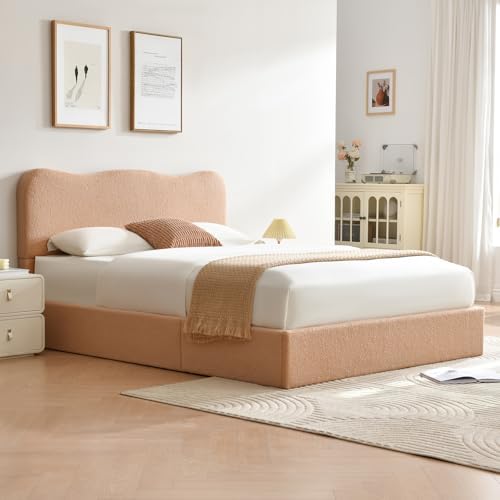 VELOCAVA Queen Size Lift-Up Storage Bed, Upholstered Boucle Bed with Curved Headboard, Rounded Corners, Sturdy Wooden Slat Support, No Box Spring Needed, Easy Assembly, Blush Pink-Beige