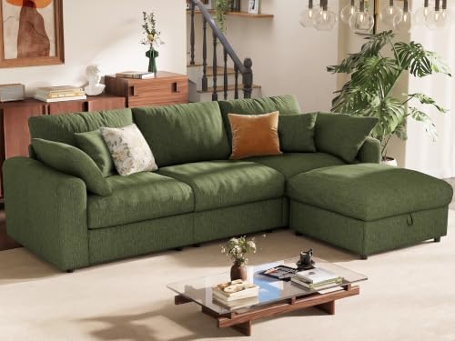 Ihanherry Cloud Sectional Couches for Living Room, 110" Large Modular Sectional Sofa with Wide Deep Seat, L Shaped Couch with Throw Pillow and Storage Ottoman, Green