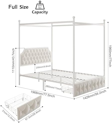 Keyluv Full Upholstered Canopy Bed Frame with 2 Storage Drawers & Button Tufted Headboard, Metal Platform Bed with 4 Removable Posts, Two-Purpose Velvet Bed, Beige/Curtain Not Included
