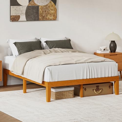DUMOS 14 Inches Queen Size Wood Platform Bed Frame, Solid Wooden Mattress Foundation with Heavy Duty Wood Slat Support, Sturdy, No Box Spring Needed, Natural Pine