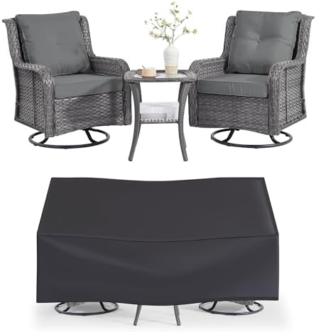 Wumiokio Patio Furniture Sets, 3 Pieces Wicker Outdoor Furniture - 360 Degree Swivel Rocking Chairs and Rattan Side Table for Garden,Porch,Backyard (Grey Wicker/Grey Cushion, 3PCS - Swivel Chairs)