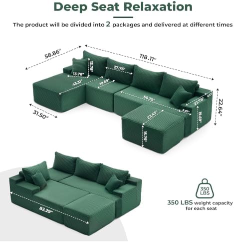 Mangodan Cloud Sectional Couch, Boneless Couches for Living Room, Green
