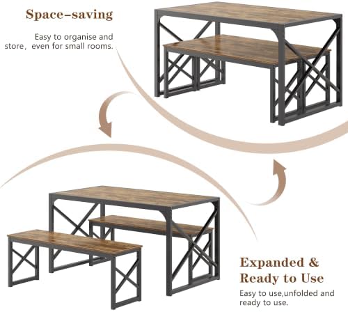 VECELO 55" Kitchen Dining Table Set for 4, Heavy-Duty Steel Frame & Wood-Grain Tabletop, Space-Saving Dinette Sets with 2 Benches for Breakfast Nook and Small Space, Brown