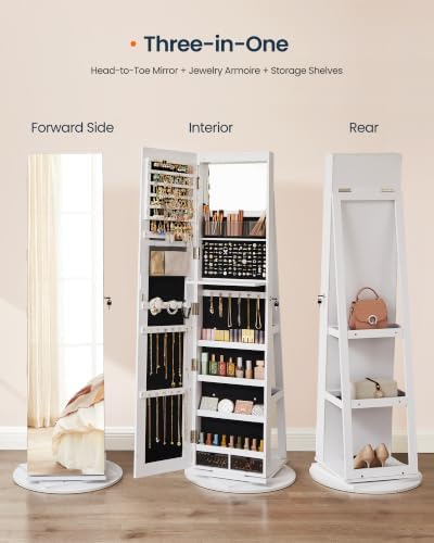 SONGMICS HOME Standing Jewelry Armoire, Full Length Mirror with Storage | Lockable Jewelry Cabinet with 6 LED Lights, Floor Mirror, Built-in Vanity, White Surface, Black Lining UJJC007W01SH
