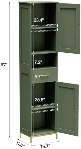 Homhedy 67" H Bathroom Storage Cabinet, Tall Bathroom Cabinet, Green | Narrow Cabinet with Doors and Drawer, Adjustable Shelves, Floor Cabinet for Bathroom, Living Room, Kitchen, Dining Room