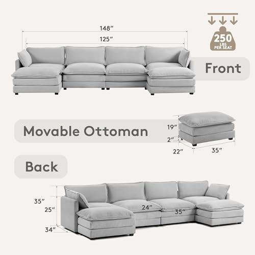 ROWHY 148'' Modular Sectional Cloud Couch with 2 Movable Ottomans, Oversized 6 Seat Modern Corduroy Sofas, Deep Seat U Shaped Couch for Living Room Bedroom Apartment, Light Grey