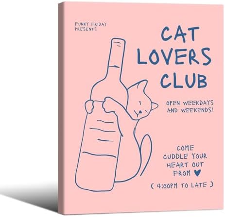 Cute Cat Alcohol Bottle Wall Art Funky Pink and Blue Aesthetic Poster 08x10 inch Framed Cat Lovers Club Canvas Prints Bar Cart Wall Decor for Home Bar Kitchen Bedroom