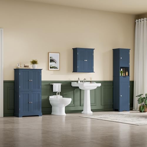 ChooChoo Bathroom Floor Cabinet with Adjustable Shelves | Bathroom Storage Cabinet, 4 Doors, Freestanding Cupboard for Living Room, Blue