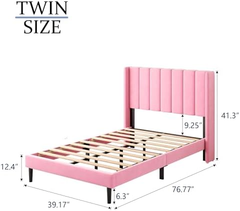 Gruwans Twin Size Bed Frames with Wingback Headboard Easy Assemnly Platform Bedframe, Sturdy Wooden Slat Support No Box Spring Needed, Pink Velvet