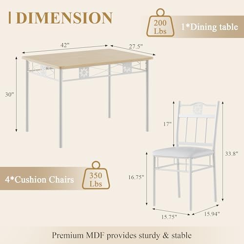 VECELO Dining Table Set for 4, 5-Piece Wood Kitchen Table with Upholstered Padded Chairs for Small Space, Breakfast Nook, Space-Saving, White