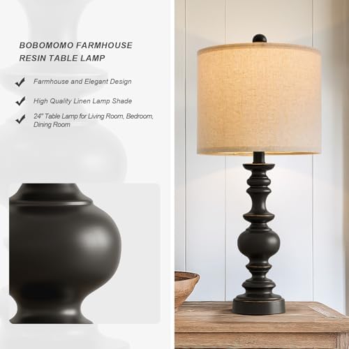 BOBOMOMO 24" Traditional Farmhouse Table Lamp Set of 2, Vintage Resin Lamps for Living Room Bedroom, Rustic Nightstand Lamp with Linen Shades, Retro Black Table Lamps for Living Room, Bedroom, Office