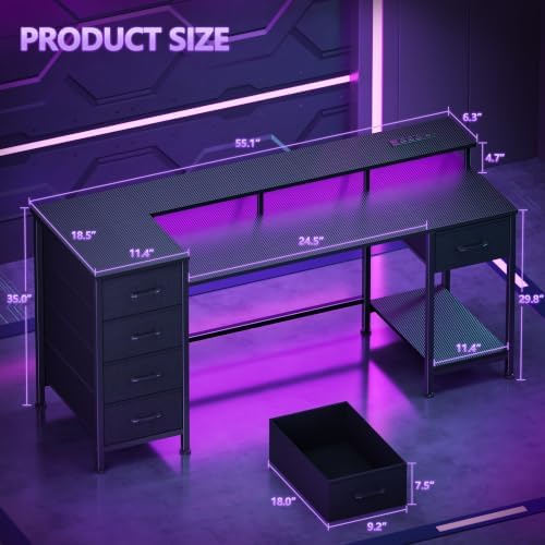 Korfile 55 Inch Gaming Desk with Power Outlets and LED Lights, Reversible Computer Desk with 5 Fabric Storage Drawers, Home Office Desk with Monitor Stand for Working Writing Study, Carbon Fiber Black